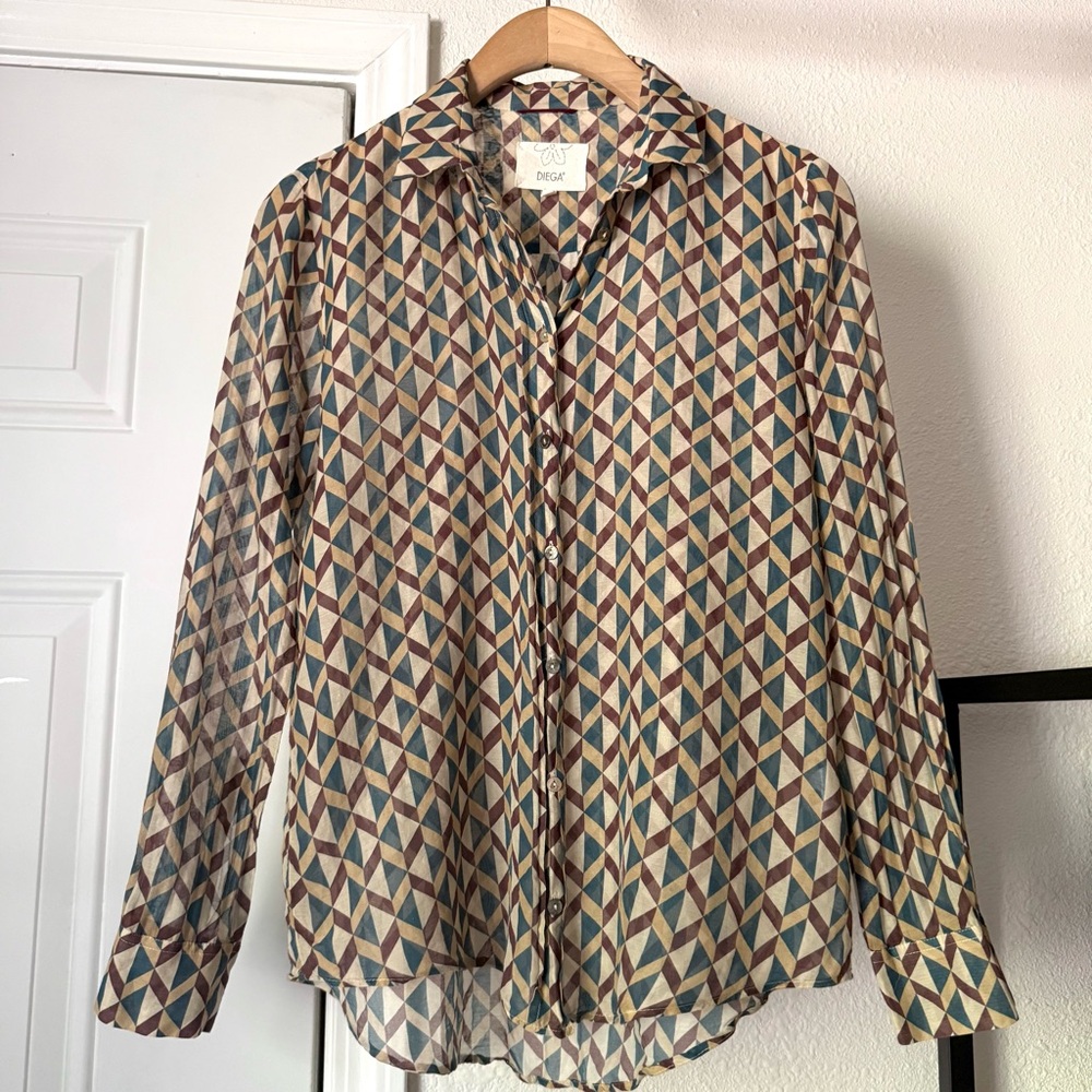 DIEGA‎ multicolor geo printed semi sheer cotton silk button up shirt blouse